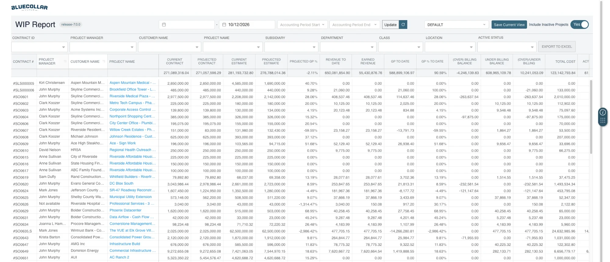 BlueCollar WIP report in NetSuite: contract, estimate, earned revenue, gross profit and over/under billing for every job